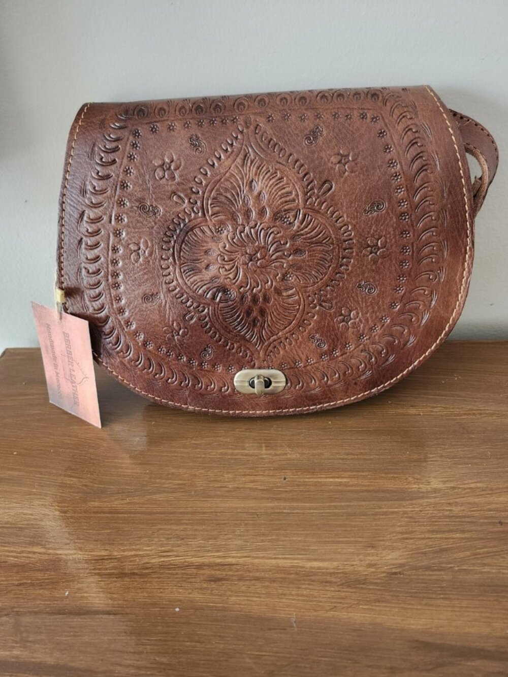 Embossed Leather Saddle Bag Dark Brown
